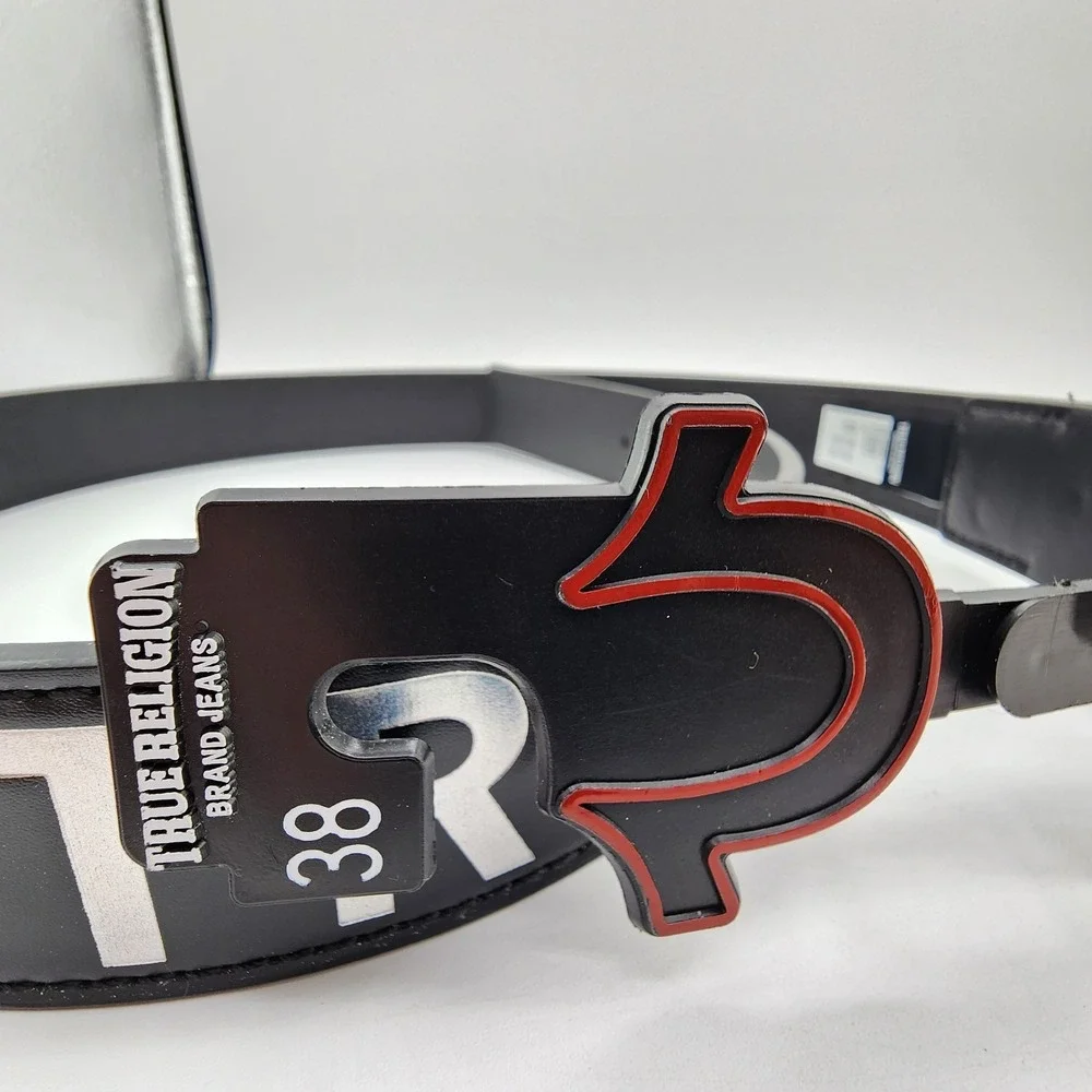 True Religion Mens Belt Holo Sage Black Heavyweight Horseshoe Buckle Size 38 NEW